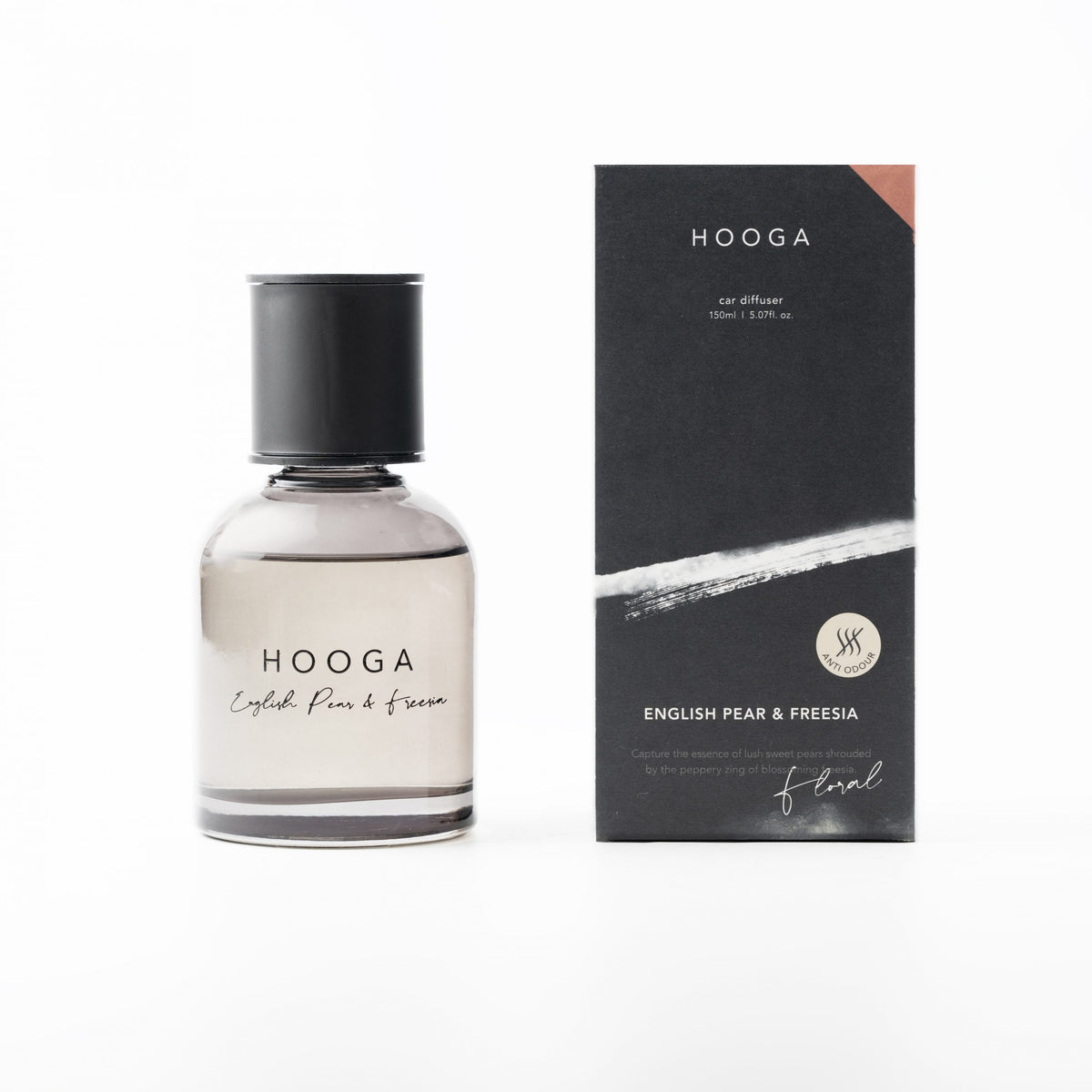 HOOGA English Pear & Freesia diffuser shown as a clear glass bottle with a black cap next to its black packaging box on a white background.